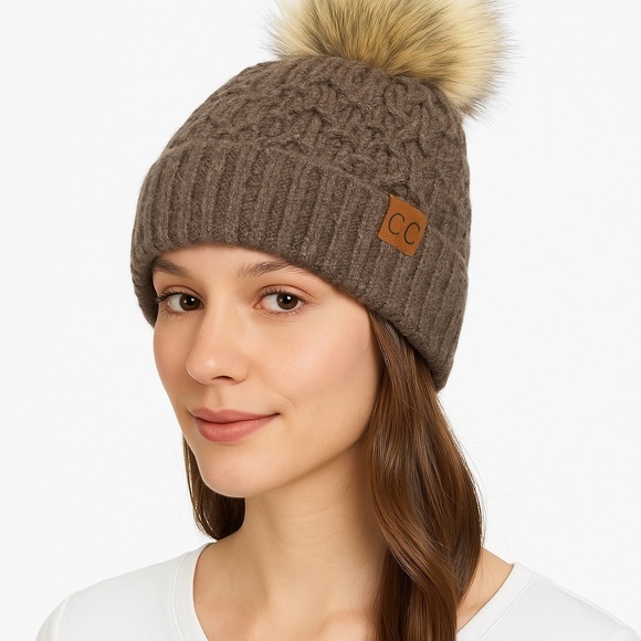 C.C Accessories - C.C Brown Knit Beanie with Faux Fur Pom